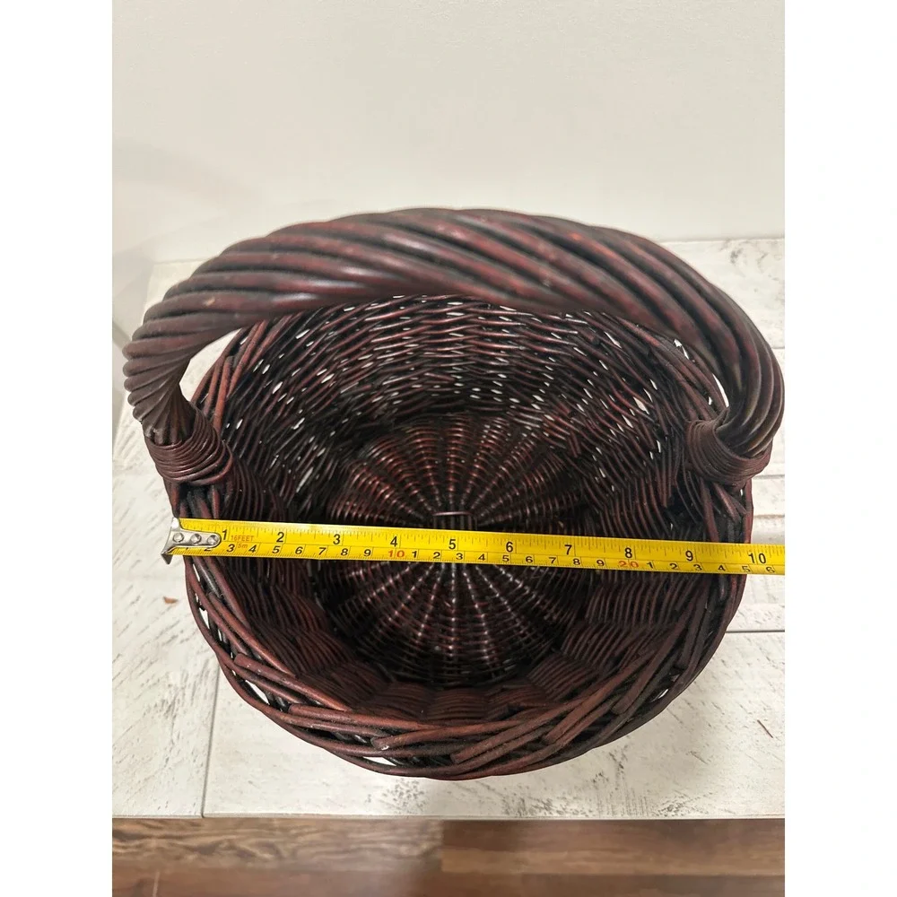 Dark Brown Woven Wicker Basket with Twisted Handle Round Decorative Storage